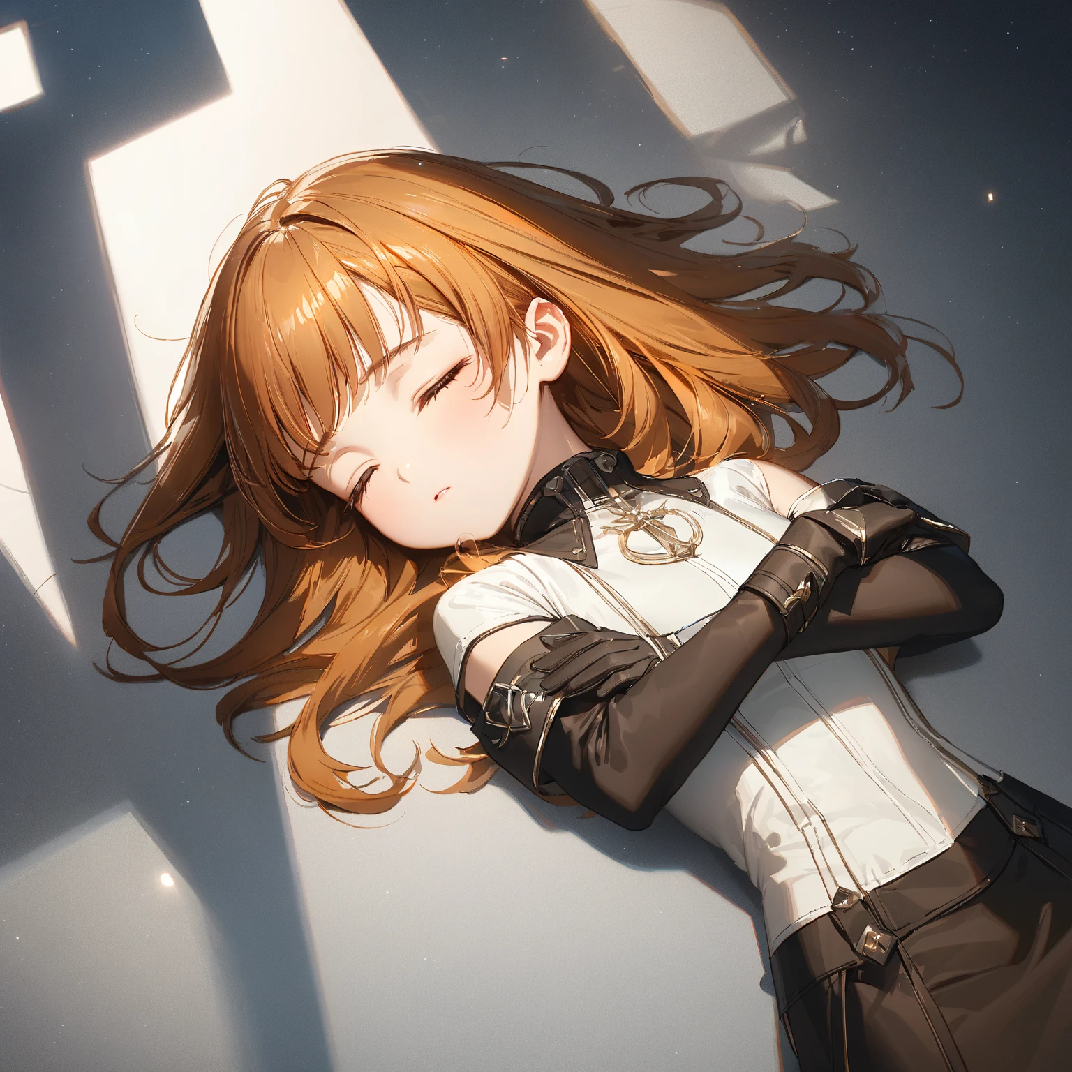 (masterpiece),( top quality ),16k,whole body、 white boots that shoot bows、Fall sideways 、sleep、 long hair、 animated、Young woman (ethnicity:1.1, age:1.1),  with long, vibrant orange hair, lying asleep on a light gray floor, detailed clothing:1.2,  white top and dark brown tights, dark brown boots,  accessories:1.1 (gloves, dark accents on clothing);  facial features:1.3 (detailed expression of peaceful sleep); (body type:1.1), (pose:1.2), lying down, (head slightly tilted);  upper body stretched out,  centered in frame, facing slightly to the left, shot from above;  surrounding environment: cool and pale gray floor, sleek design, slight shadows, (composition:1.1), (perspective:1.1) ,  calm atmosphere, art style anime;  (lighting:1.1), (lighting:soft, subdued lighting), photorealistic rendering,  detailed skin texture: smooth and soft, digital art.