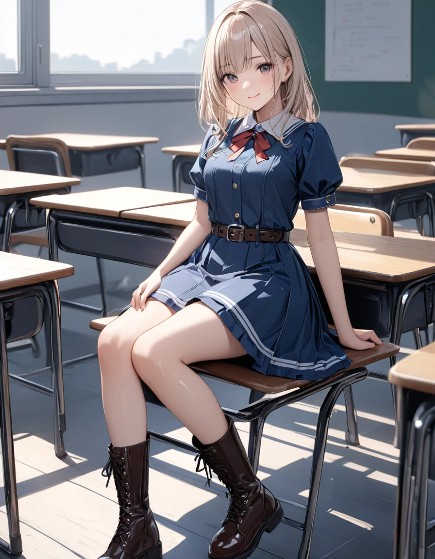 masterpiece, ultra detail, top quality ,8k, illustration, cute face, clean skin , shiny hair, girl ,Classroom-like background, m dress ,  boots, belt