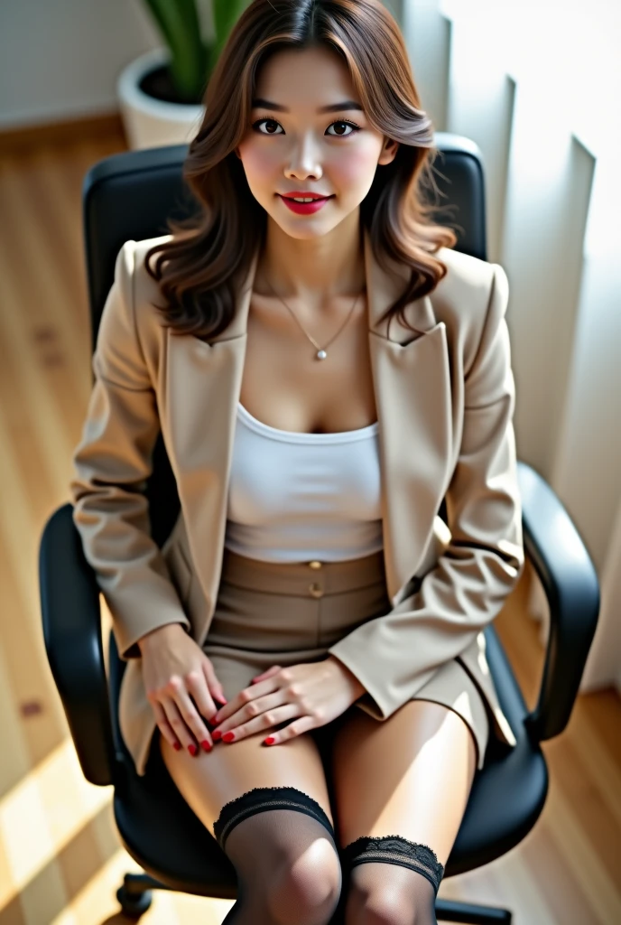 whole body, Highest quality, Realistic, Very detailed, finely, High resolution, 8k wallpaper, One beautiful woman,, Light brown messy hair, Wear a business suit, Sharp focus, Perfect dynamic composition, Beautiful and detailed, Thinning hair, Detailed Realistic skin texture, smile, Close-up portrait, Model body type,Cleavage、length, Muscular, Beautiful feet、Beautiful legs、Super mini tight skirt、艶やかな黒のpantyhose、I can see the toes of her high heels、Perfect Style、Sit on a chair、View from below、Healthy Thighs、tight ankles、pantyhose