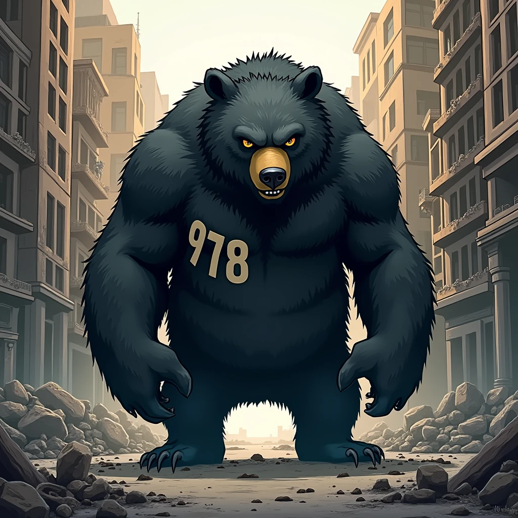 cartoon, ruined city background, a black bear, menacing bear, "978" on his fur
