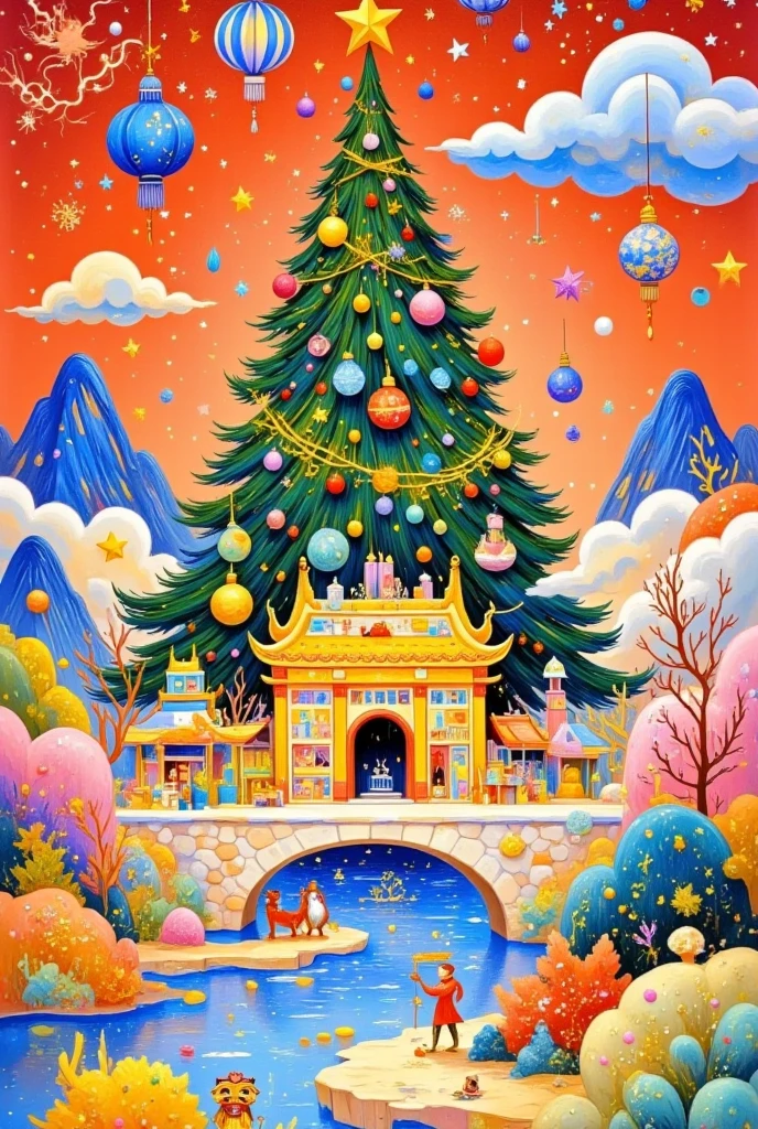  one with "China"Poster with letters,  a red and gold gradient background on it ,  a huge Christmas tree in the background , 一个极简主义的金色China建筑设计, fireworks effect,  vector style ,  Flat Composition , Symmetrical layout, Minimalist lines, High Saturation,  Clear details , Golden clouds , river, Mountains, bridge, lantern, firecrackers, fireworks, Lion Dance, Dragon Dance, ETC,  exquisite details , Exquisite texture, Beautiful colors, Festive mood, very Festive mood of the Chinese New Year.