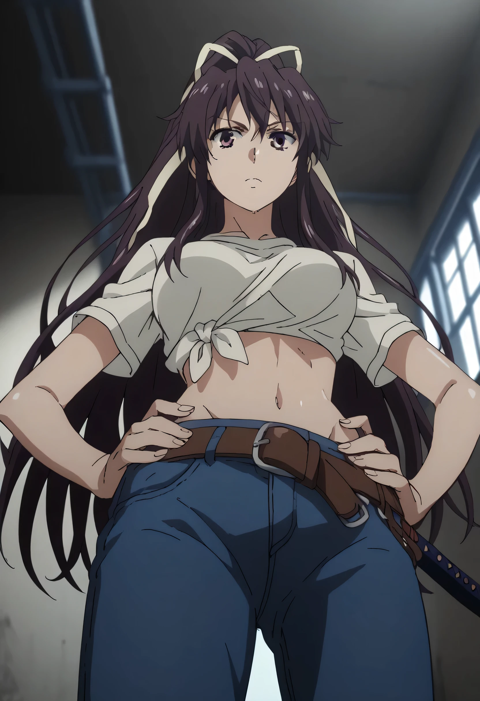 kaori kanzaki, solo, long hair, looking at viewer, ribbon, breasts, asymmetrical clothes, ponytail, katana, very long hair, tied shirt, belt, denim, navel, shiny skin, high quality, solo, hands on hips , long jeans , abandoned factory,best quality,low angle shot