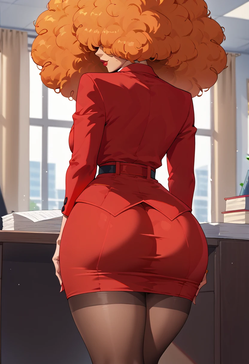 sara bellum,cartoon,Orange Hair,standing at the Office,from behind,red jacket,orange open blouse , red skirt,unbuttoned blouse  , Big Breasts , Hair covering the eyes , big Hair,   red hip-length pantyhose , At the office, her Hair covering the eyes .  Cover your eyes with hair,Orange Hair  、Brown Skin、Red suit.wCurvy Body 、Big Breasts、Round ass、Tall、Red lips、  short tight skirt,Trustworthy、solid、 Adult female、Mayor's Office,indoor