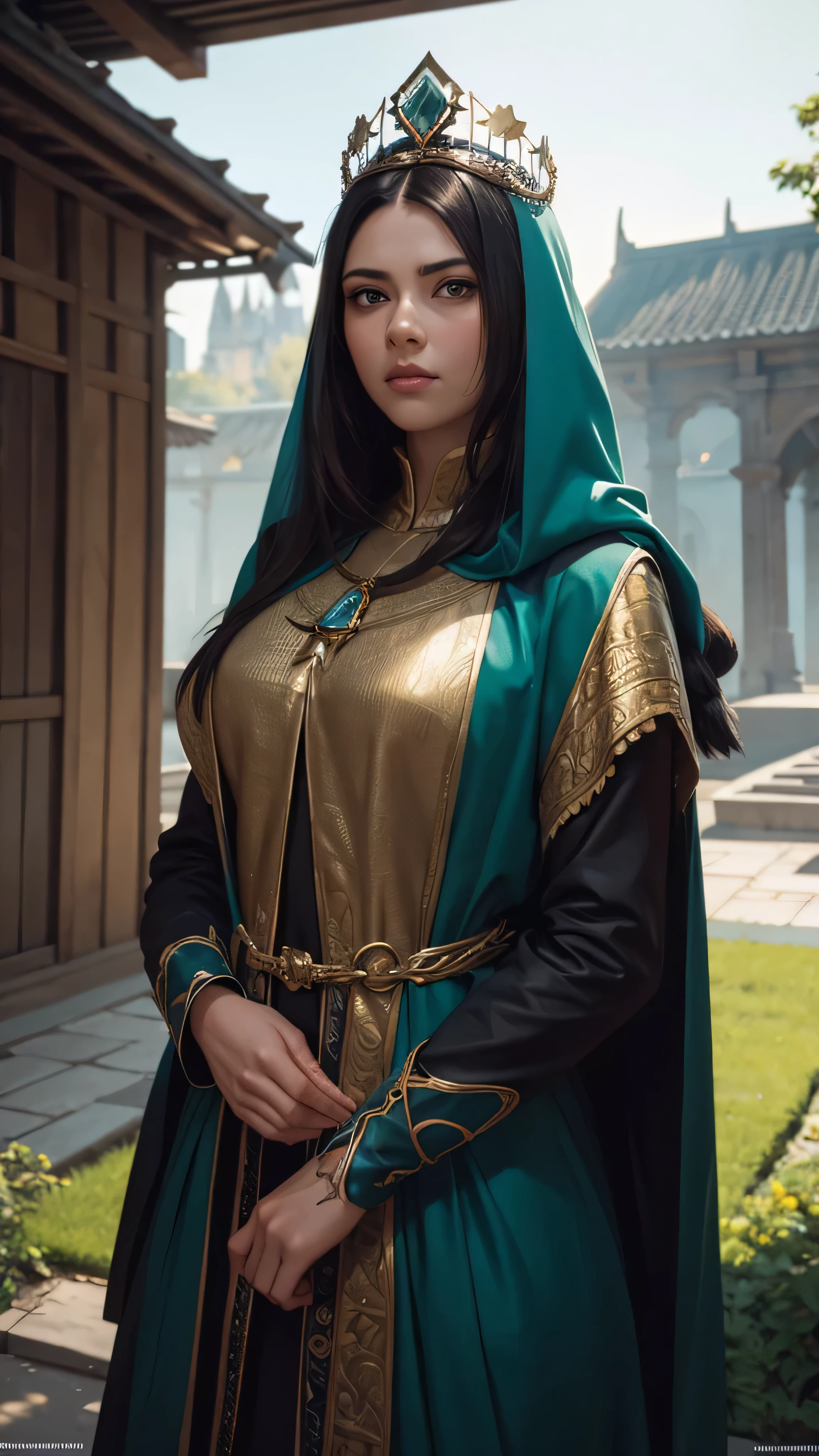  Model Shooting Style , (  very detailed CG Unity 8k wallpaper  ),   full shot body photography of the world's most beautiful artwork, Medieval Queen, Green Veil, Dark Skin, Black women, Gold crown,  diamond with s, Medieval architecture,  Professional and Epic Oil Paintings by Ed Blinky , Athi Gairan,   Studio Ghibli in the courtyard ,  by Jeremy Mann ,  Greg Manchez , Antonio Moro, Trending on ArtStation,  trending at CGSociety ,  complicated,  high detail,  Sharp Focus, dramatic,   Photorealistic Painting Art by Midjourney and Greg Rutkowski