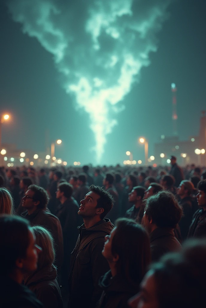 Image of a large crowd of people in a fieldlooking up at the sky, huge crowd of varied people, massas de pessoas ao longe, Large crowds , immense crowd of people,sky with many clouds and fog, Mist covering the sky, Sergey Zabelin, crowds of people praying, colorful crowd, Kent Monge, below is the crowd, in front of a large crowd, Directed by: Ibrahim Mott.