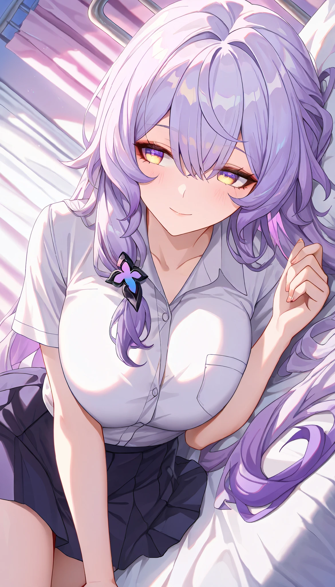 ultra-detailed,(best quality),((masterpiece)),(highres),original,extremely, 1girl, black swan, honkai  star rail,beautiful lady, yellow eyes, purple hair, large breasts, blush,closed mouth, happy, multicolored hair, long hair, school uniform , School Infirmary,on the bed, laying on the bed,