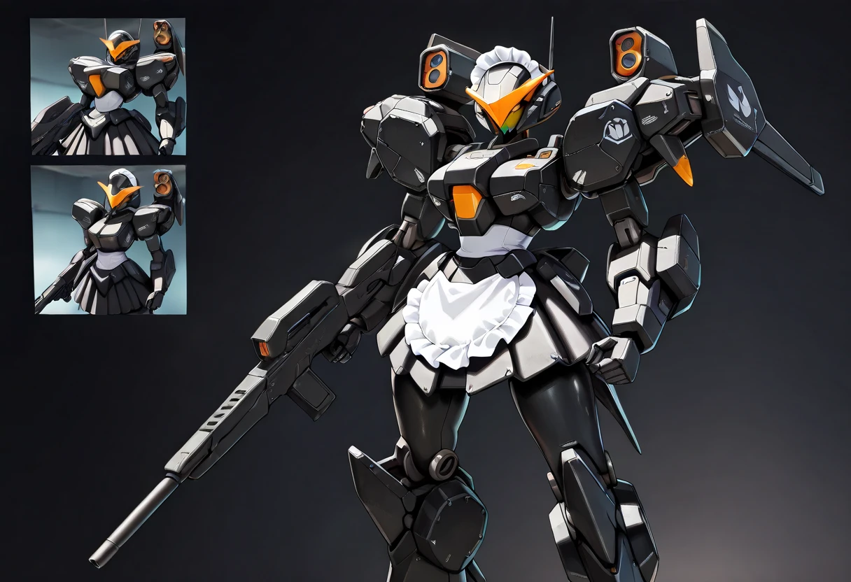 ((UHD, masterpiece, anatomically correct, textured skin, super detail, high details, best quality, highres icon, Detailed and precise manual expression:1.3,  Incredibly Absurd )), Transformed robot girl, black girl, maid fukummotif, Skirt-shaped parts ,  black personal troopers,  beam rifle, light,  outer space 