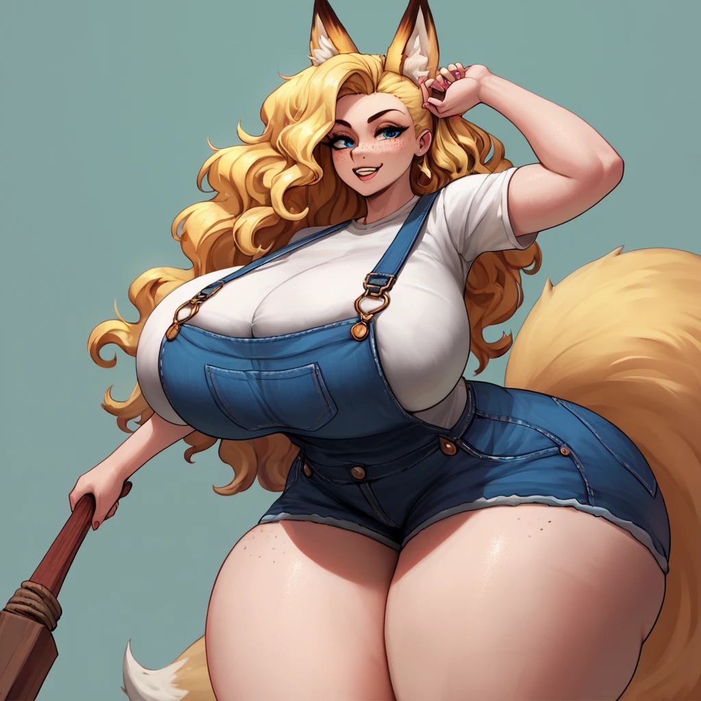 score_9, score_8_up, score_7_up, score_6_up, score_5_up, score_4_up, source_furry, by yboon, cowboy shot BREAK 1girl, thicc, large breast, big , big butt, huge hips, wide butt, huge breasts, fox ears, fox tail, curvy, slender, overalls, freckles, wide hips, massive hips, huge hips, Blonde Hair, Wavy Hair, Asymmetrical Hair, 