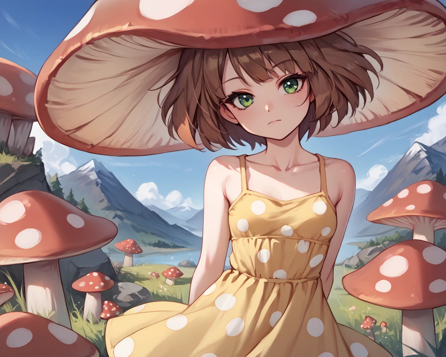 score_9_up, score_8_up, score_7_up, 1girl, solo, source_anime, zzMushroomGirl, mushroom person BREAK 

Short hair, brown hair BREAK red mushroom hat, monster girl, green eyes, red hat with white polka dots BREAK small breasts BREAK 

yellow sundress, bare shoulders, sleeveless, collarbone BREAK 

Standing, looking at viewer, hand behind back, closed mouth BREAK 

Outdoors, grass, mountains, rocks, blue sky BREAK 