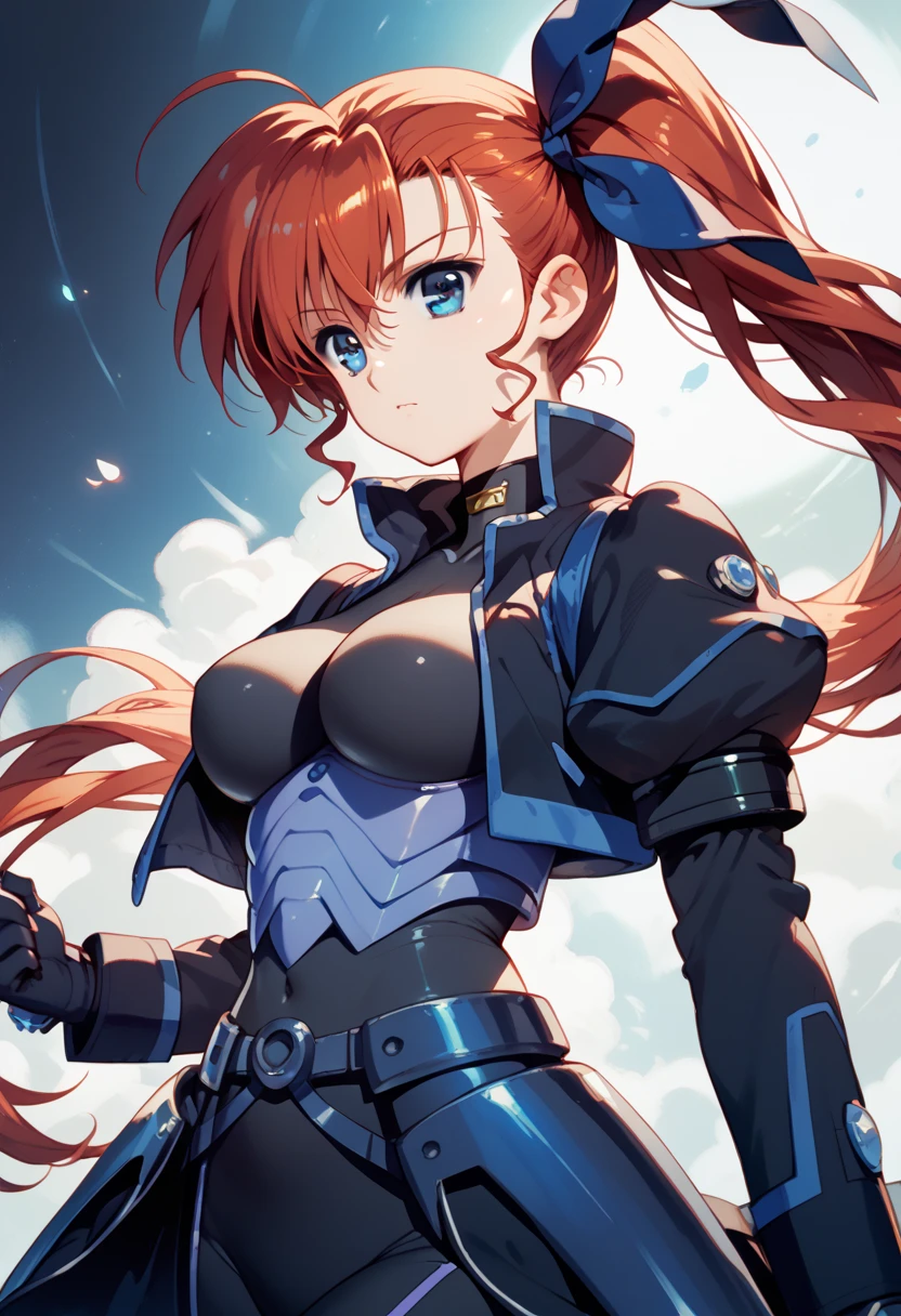 solo, bbvivio, aged up, long hair, red hair, ahoge, blue eyes side ponytail, hair black ribbon, large breasts, black bodysuit, cropped jacket, black jacket, puffy sleeves, long sleeves, black gloves, armor