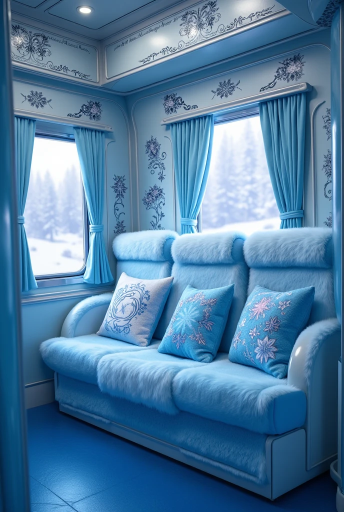   A detailed and realistic photo inside the train from Frozen ,  the train seats are cute ,  with cushions from Frozen ,    the train inside is covered in fluffy blue , with drawings from Frozen   ,  blue with white,   on the train floor has a shiny blue plush carpet,  inside the train is so perfect and magical raised  , All