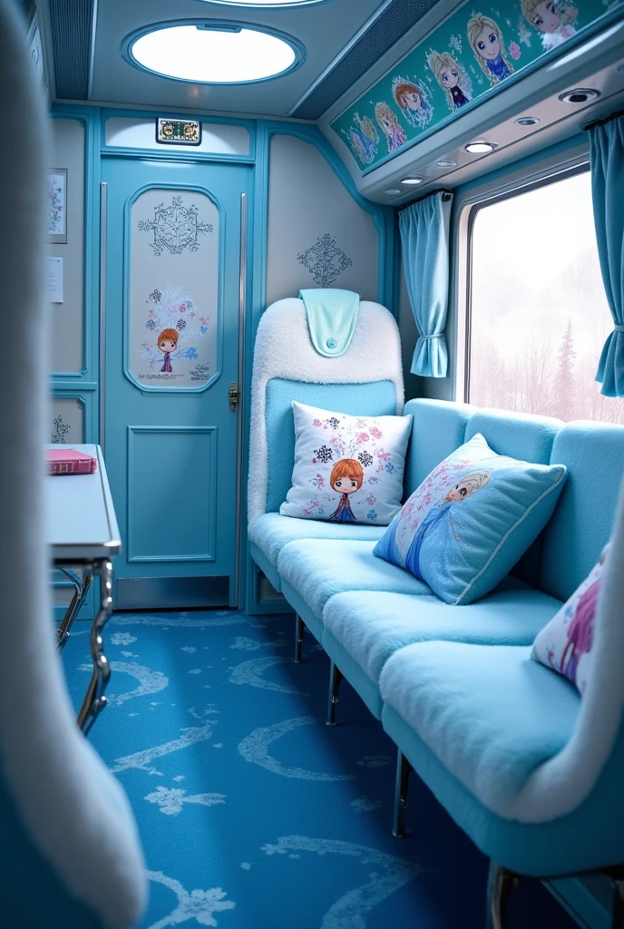   A detailed and realistic photo inside the train from Frozen ,  the train seats are cute ,  with cushions from Frozen ,    the train inside is covered in fluffy blue , with drawings from Frozen   ,  blue with white,   on the train floor has a shiny blue plush carpet,  inside the train is so perfect and magical raised  , All