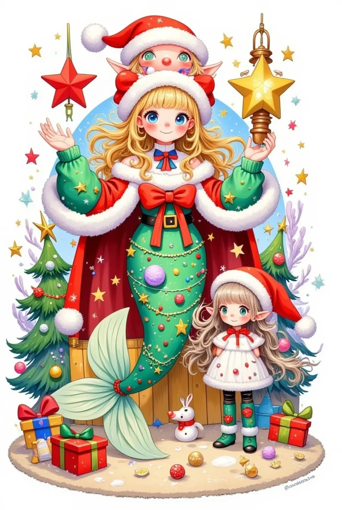  This picture is a festive colorful illustration ， probably with
About the Christmas theme .  It has a main character ,  He is wearing a mermaid 
Clothes with white fur edges , Santa hat,  and holding a large golden star-shaped lantern .  She has long golden braids ， wearing a festive costume .  This character is wearing a green and red dress Christn 
Christmas themed accessories.  The figure on the right is smaller ,  probably a child , and is dressed in white and red
clothes and Santa hat.  The figure is next to a small red-nosed reindeer ,  paying tribute to the legendary Christmas Rudolph .  There are some Christmas decorations in the background , Includes a Christmas tree ,Gift, and snowflakes.  The scene appears to be a beautifully decorated cozy room ,  The vibe is warm and pleasant .  The overall tone of the picture is cheerful and festive , reflects the festive atmosphere 