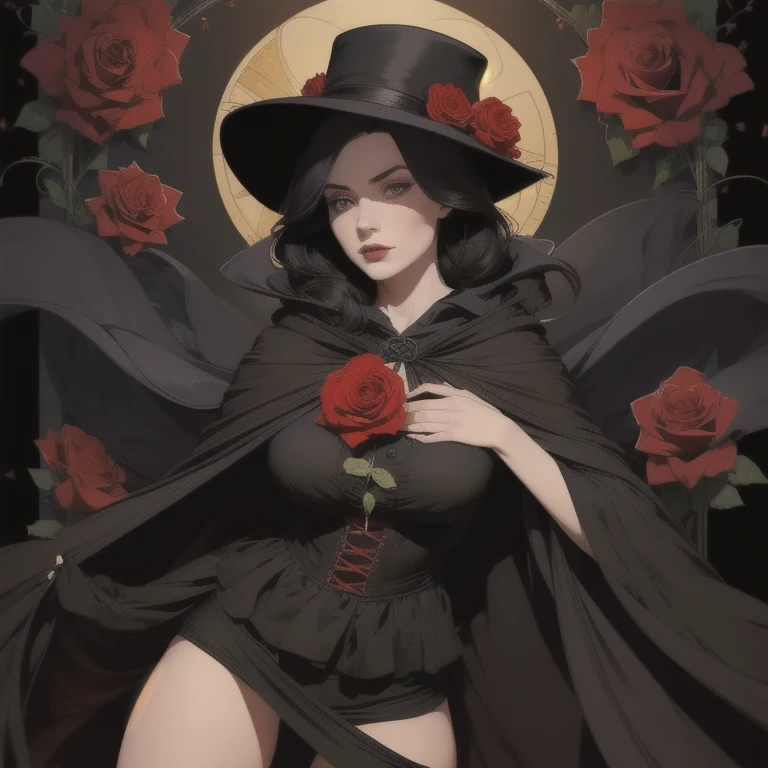 (masterpiece), best quality, expressive eyes, perfect face,long black cloak　Girl　Her hair is black and her eyes are fiery red. black mini skirt　wearing a big black hat　The hat has a rose attached to it with a black ribbon.
