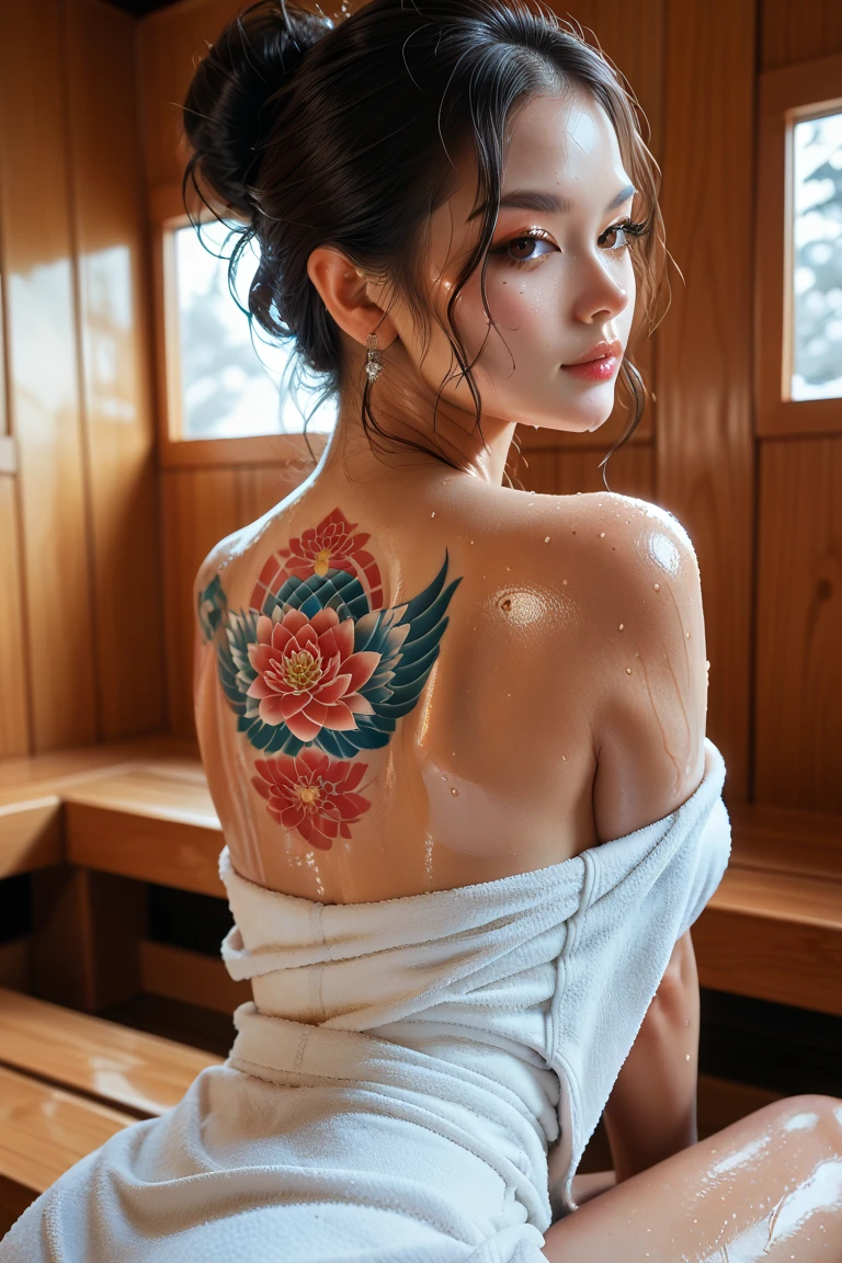 A beautiful indonesian woman, A beautiful indonesian woman, short tied hair, sweaty skin, wearing towel, colorful traditional japanense tattoo, in the sauna room with led light, look back at the viewer, 