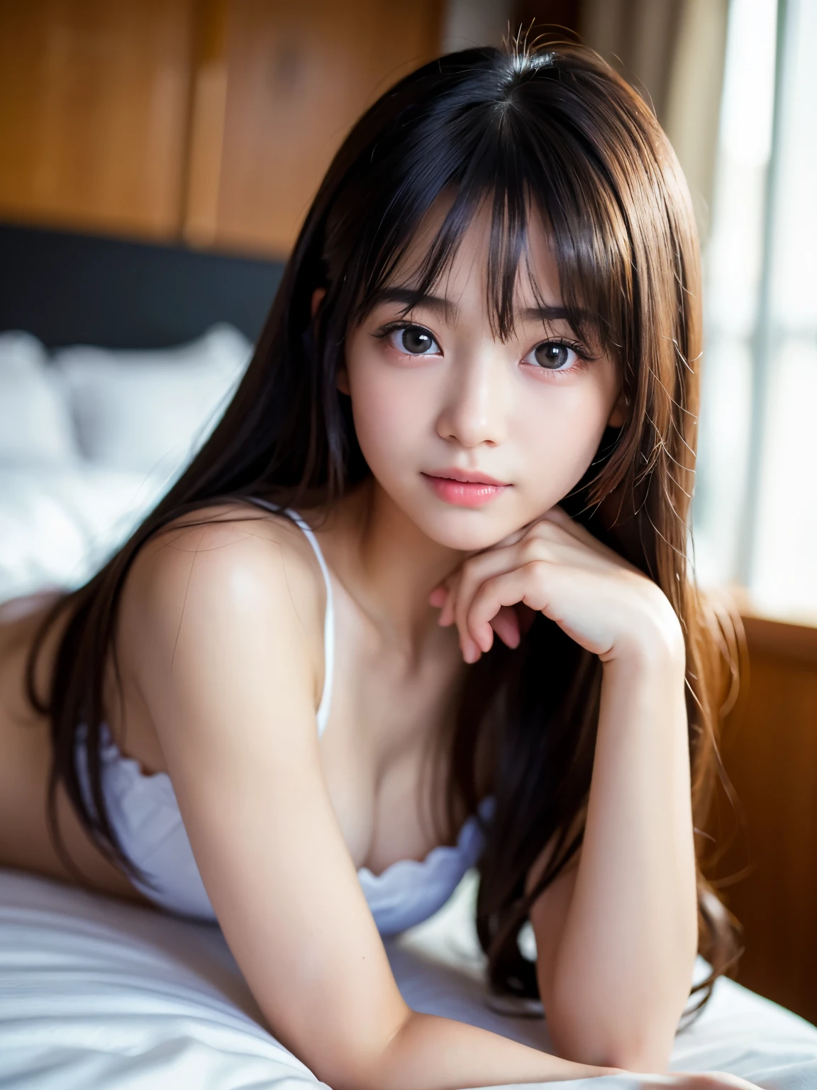 Best-quality, Masterpiece, Ultra-High-Resolution, (Photorealistic:1.4), Raw-Photo, 1girl, the most famous Japanese idol, kissing for viewer, on luxurious-bed, detailed luxurious-bed, wearing only evening-dress, detailed evening-dress, extremely cute face, extremely beautiful big-eyes, extremely beautiful hair, extremely beautiful skins, extremely beautiful long-eyelashes, extremely beautiful lips, looking at viewer, detailed kissing-face