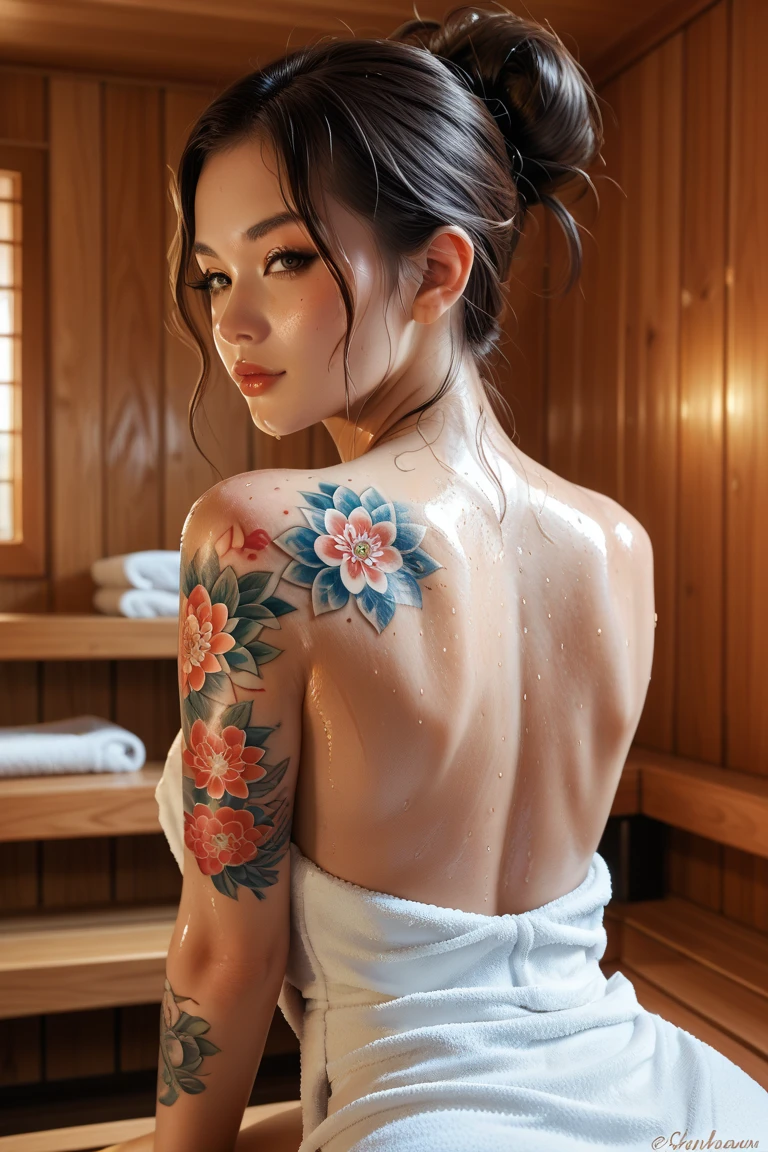 A beautiful indonesian woman, A beautiful indonesian woman, short tied hair, sweaty skin, wearing towel, colorful traditional japanense tattoo, in the sauna room with led light, look back at the viewer, 