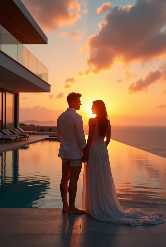 Couple at the Maldives private villa: A beautiful couple enjoys a sunset in their private overwater villa in the Maldives. The man is dressed in a light linen suit, and the woman wears a flowing dress with diamond jewelry. Dollar bills are scattered across their lounge chairs.