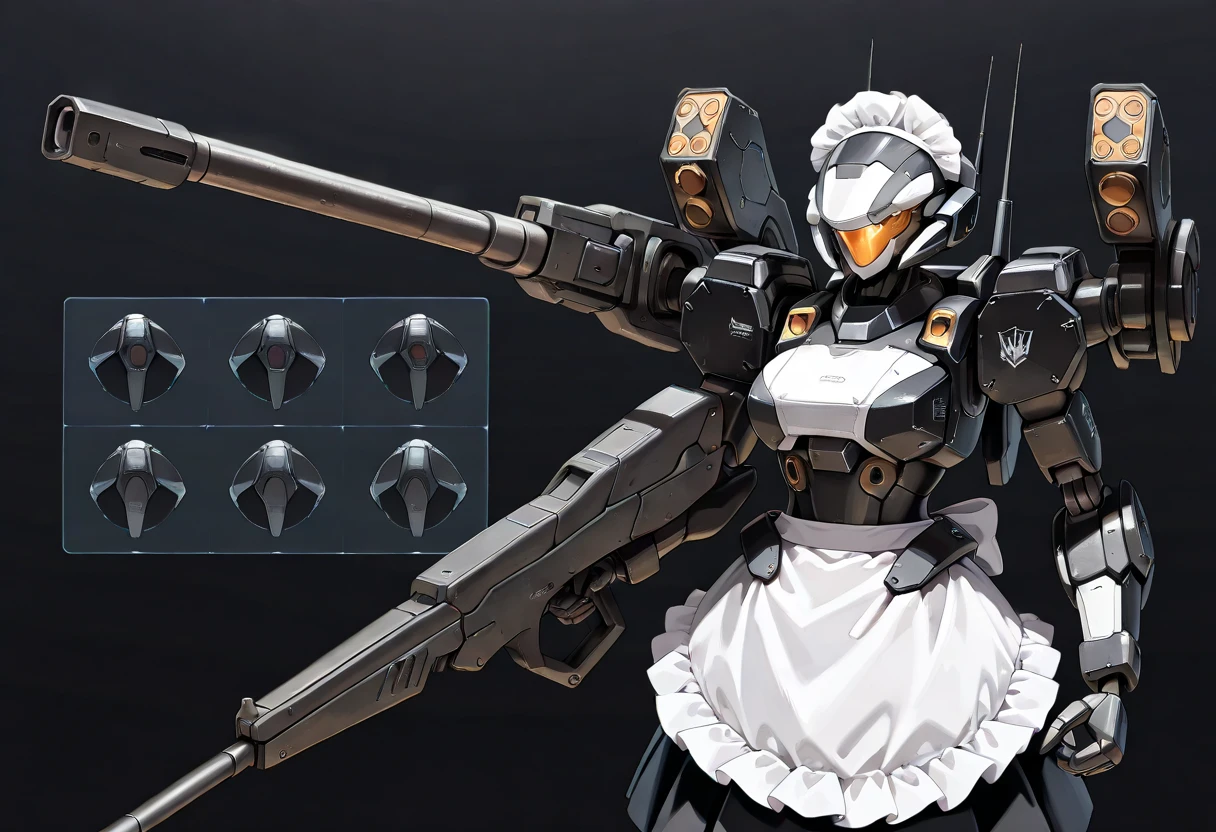 ((UHD, masterpiece, anatomically correct, textured skin, super detail, high details, best quality, highres icon, Detailed and precise manual expression:1.3,  Incredibly Absurd )), Transformed robot girl, black girl, Maid clothes motifs ,  white brim machine parts,  skirt-shaped machine parts ,  black personal troopers,  beam rifle, light,  outer space 