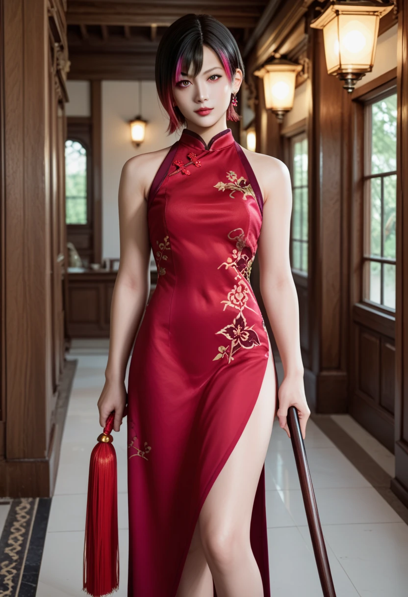 High quality, 15K, HDR), Beautiful Sexy Girl,bouquet red roses of flowers in hand,very bad image negative_v1.3,(huge breasts:1.1),red lips, glowing skin,big her curves,glamorous model,((A beautiful woman red dress near a body of water, chinese dress, gorgeous chinese model, wearing a red cheongsam, chinese style, sexy dress, wearing an elegant dress, cheongsam, wearing pink dress, sexy black dress, chinese girl, wearing a white dress, beautiful silky dress, wearing a wonderful dress, traditional chinese,wedding dress)),(((Perfect female body, Willow waist))),hide five , best quality,glamorous model with (detailed eyes, detailed lips, extremely detailed eyes),Brunette Bob Hair,beautiful detailed eyes, hazel eyes, {{{{{sharp focus}}}}},Wearing a single red rose around the neck of a necklace,Wearing red and black lace dress,high-heels,blue eyes,(((Full body))))((anatomy correct)),Gorgeous and intricate lady style,