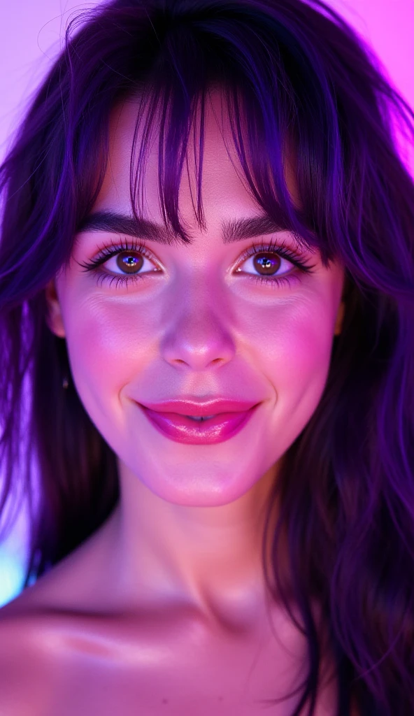 A close-up portrait of a woman with vibrant black hair, captured in ultra-realistic 8K resolution using a Canon EOS R5 with a 50mm f/1.2 lens. Her face is sharply detailed, with smooth skin textures, defined facial features, and a piercing gaze that exudes confidence. The lighting is soft yet directional, emphasizing the vibrant purple tones of her hair, which fall naturally around her face. She is set against a bright, contrasting background, such as a clean white or bold neon color, enhancing the contemporary feel. The composition is minimalist, focusing on her expression and the fine details of her features, blending the striking aesthetics of modern pop culture with photorealistic precision.