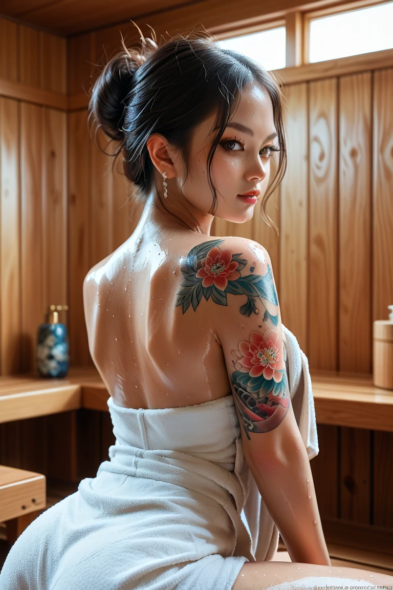 A beautiful indonesian woman, A beautiful indonesian woman, short tied hair, sweaty skin, wearing towel, colorful traditional japanense tattoo, in the sauna room with led light, look back at the viewer, 