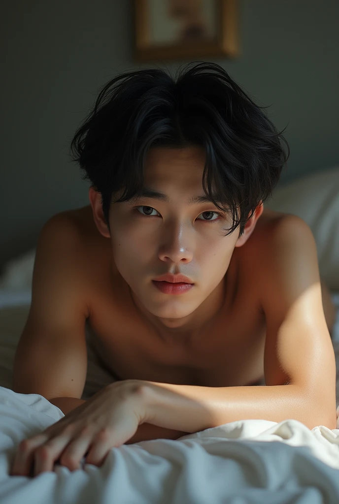 realistic photo, cute 20 year old japanese young twink boy, nude, reclining on bed, detailed face and body, natural lighting, high resolution, photorealistic, (best quality,8k,highres,masterpiece:1.2),ultra-detailed,(realistic,photorealistic,photo-realistic:1.37),realistic skin texture,detailed eyes and lips,beautiful detailed face,long eyelashes,smooth skin,natural body shape