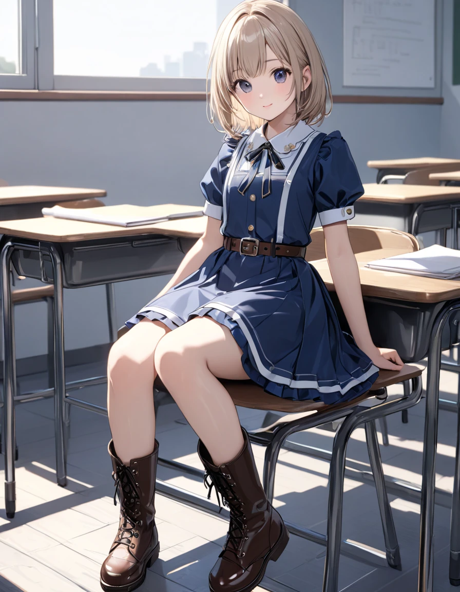 masterpiece, ultra detail, top quality ,8k, illustration,((小さな girl )),((幼い girl )), cute face, clean skin , shiny hair, girl ,Classroom-like background, m dress ,  boots, belt