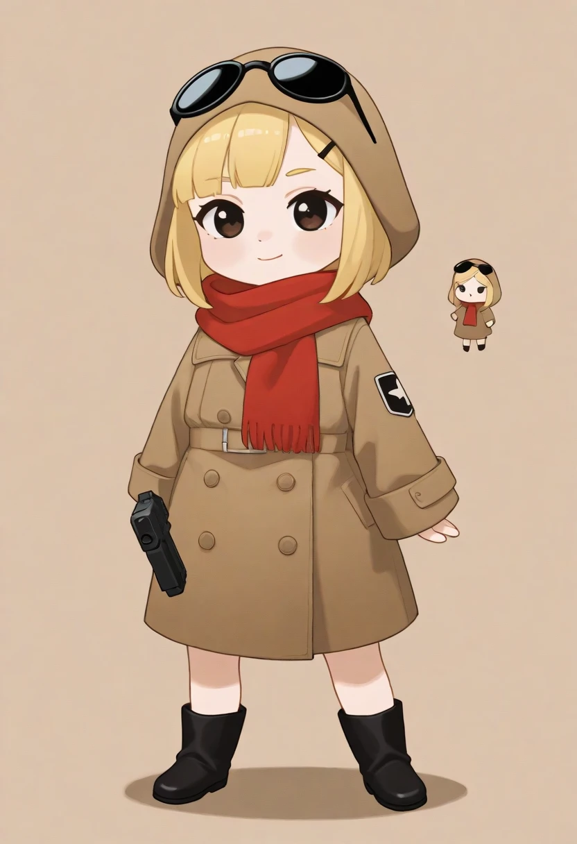 masterpiece,best quality,amazing quality,very aesthetic,absurdres,newest, {1girl, (chibi-dol:1.5), solo,yuki mio, A beautiful anime girl is posing in parentheses holding a derringer handgun,  background reminiscent of the Cthulhu God story, Blonde,  bob hair,  clothes are being blown in the wind, Trench Coat ,  red scarf,Very large scarf ,, smirk face, Funny design sunglasses}, masterpiece,best quality,amazing quality,very aesthetic,absurdres,newest, 