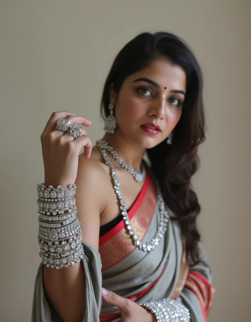 A malayali actress, wearing red satin saree and black blouse, long hair upto shoulders,rebrandt lighting scheme, dratic lighting, indoor photoshoot for diamond ornaments