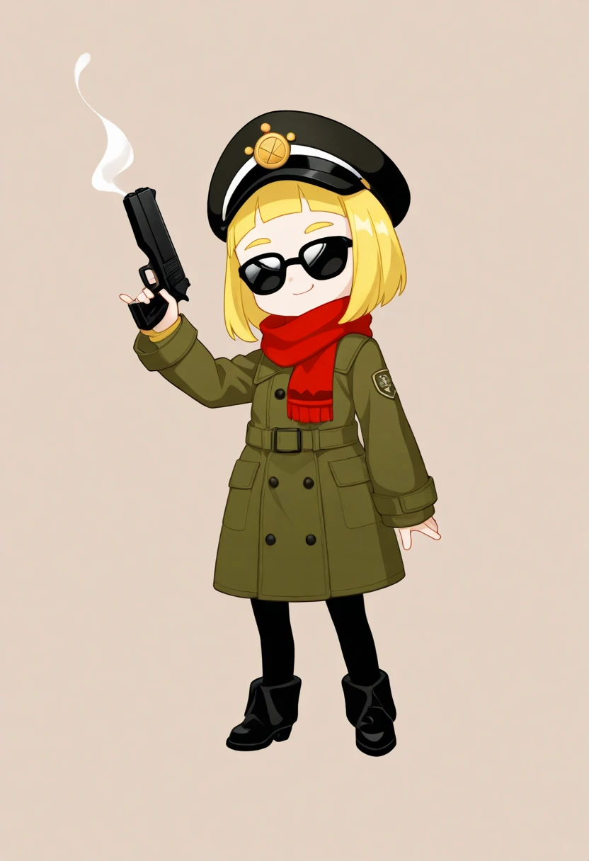 1girl, (chibi-dol:1.5), solo,yuki mio, A beautiful anime girl is posing in parentheses holding a derringer handgun,  background reminiscent of the Cthulhu God story, Blonde,  bob hair,  clothes are being blown in the wind, Trench Coat ,  red scarf,Very large scarf ,, smirk face, Funny design sunglasses, ,  very detailed illustrations ,  beautiful, Official image, (negative_v2 Color_Balance_Calibration:0.8)