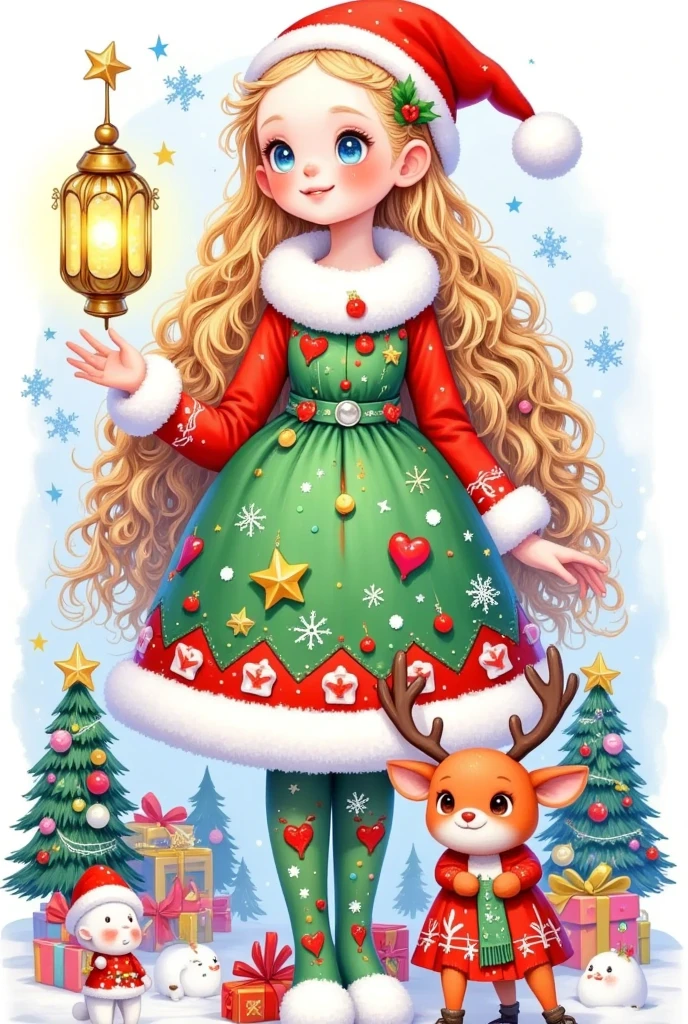  This picture is a festive colorful illustration ， probably with
About the Christmas theme .  It has a main character ,  He is wearing a mermaid 
Clothes with white fur edges , Santa hat,  and holding a large golden star-shaped lantern .  She has long golden braids ， wearing a festive costume .  This character is wearing a green and red dress Christn 
Christmas themed accessories.  The figure on the right is smaller ,  probably a  , and is dressed in white and red
clothes and Santa hat.  The figure is next to a small red-nosed reindeer ,  paying tribute to the legendary Christmas Rudolph .  There are some Christmas decorations in the background , Includes a Christmas tree ,Gift, and snowflakes.  The scene appears to be a beautifully decorated cozy room ,  The vibe is warm and pleasant .  The overall tone of the picture is cheerful and festive , reflects the festive atmosphere 