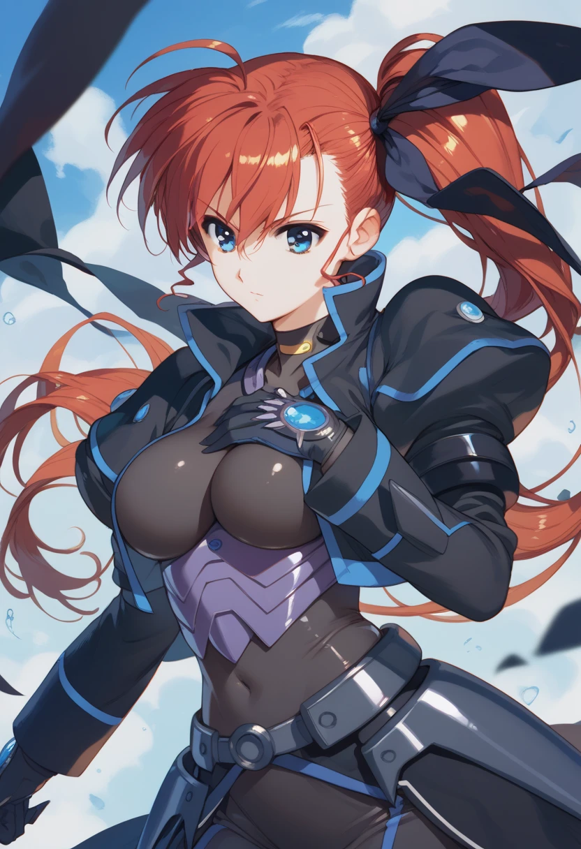 solo, bbvivio, aged up, long hair, red hair, ahoge, blue eyes side ponytail, hair black ribbon, large breasts, black bodysuit, cropped jacket, black jacket, puffy sleeves, long sleeves, black gloves, black armor

