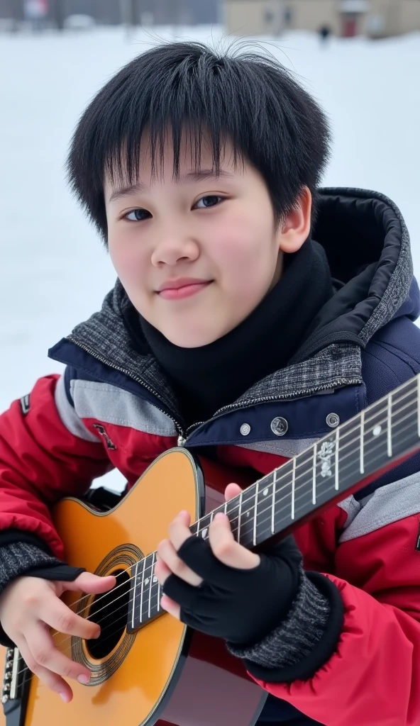 natphurin, a portrait photo of 7-year boy, natural skin, high quality, 16k, masterpiece, detailed face, detailed eyes, detailed lips, 
a boy with black hair playing guitar under the snow with winter clothes and a cold smile