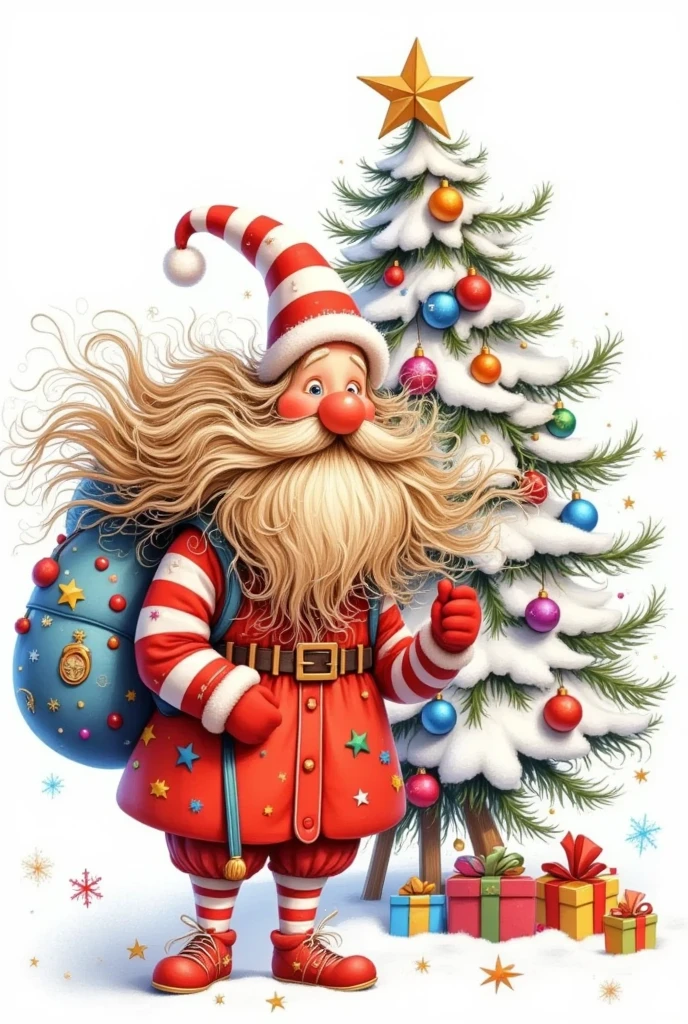  Very funny digital illustration，Red gloves, Long beard, 大胡须, indoors,  Unique ,  actual ,  Red Shoes, Christmas tree,  permanent, stripe,  Christmas ornaments ，it&#39;It&#39;s snowing