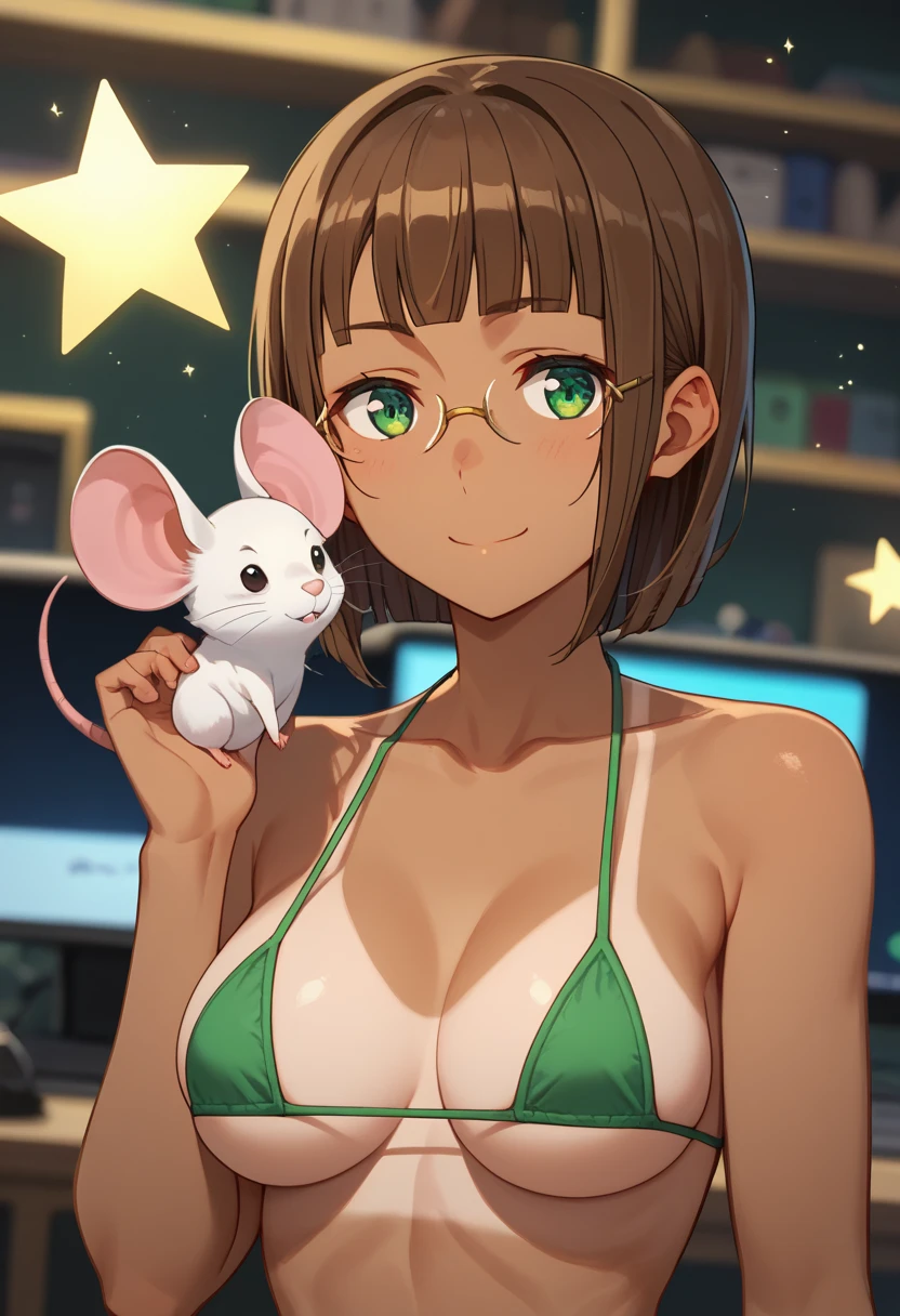 masterpiece, top quality ,  Perfect Anatomy,8k,score_7_  up,   anime screen capture ,
  1 girl,    Mouse with Eyes Closed ,   light smile ,
  short hair, Brown Hair, blunt bangs,   green eyes,   holding a star , rimless eyewear, Big Breasts，double piece
golden micro bikini，  standing,   viewers,
Colorless background,  Blurry Background，  tanned skin ，bare breasts，nsfw