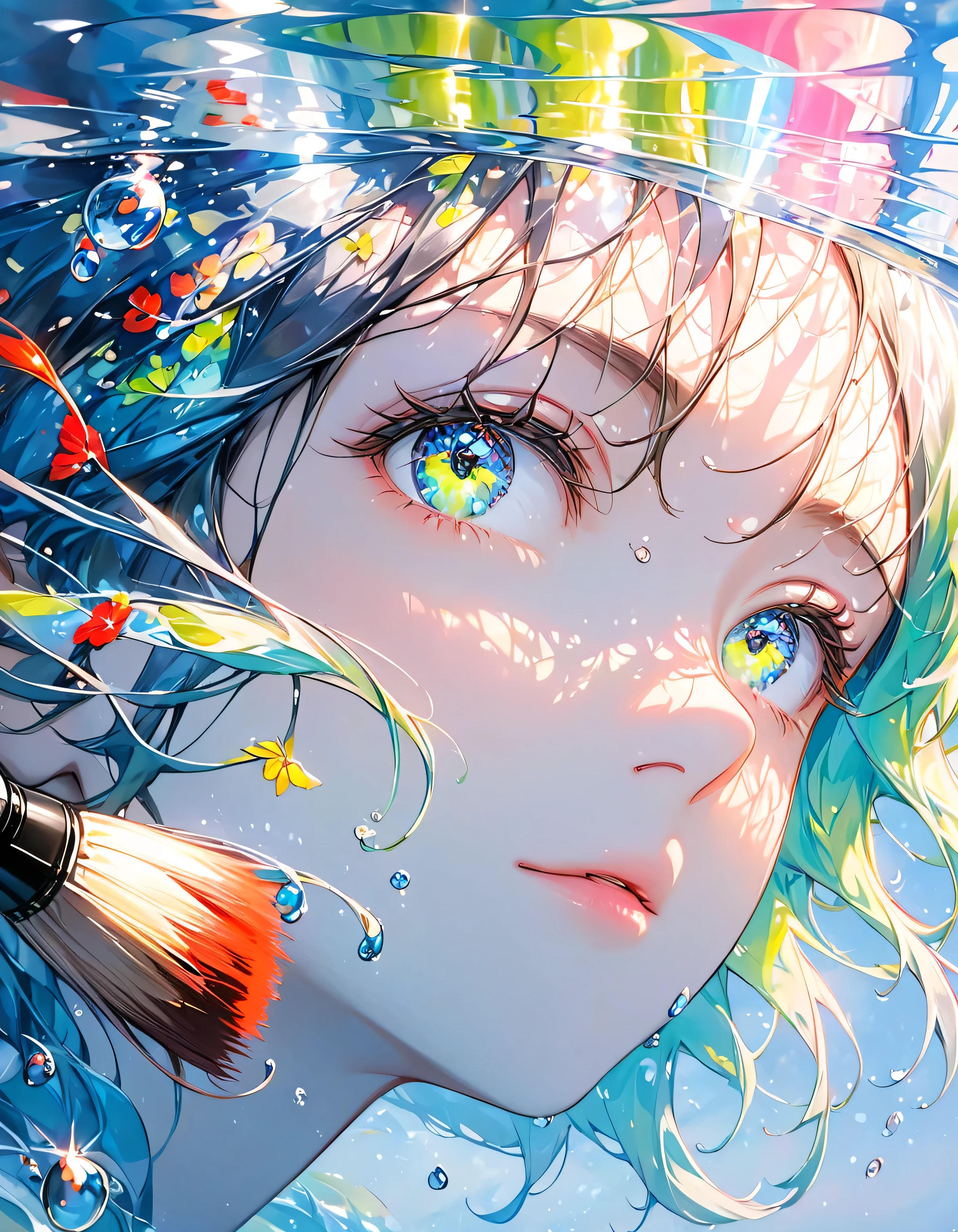 Girl swimming underwater,Ultra-detailed rendering style,shine,yellow,green,Brush,Surreal oil painting,Shining Eyes,Head close-up,Exaggerated perspective,Tyndall effect,Water Drop,Mother of pearl rainbow color,holographic white,Black background,