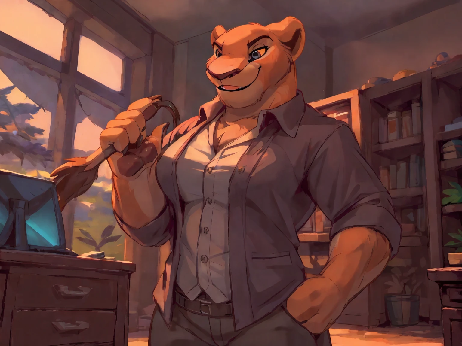 lion, (female:2), elegant demeanor, toothy smile, button-up shirt, blazer, slacks, standing, doing Self-Introduction, in office, in the morning, masterpiece, (16K), HD, Various facial details, detailed background, very detailed, dynamic poses, Eyes details,  high resolution, high quality, correct anatomy
, cartoon, by lindong, by null-ghost, paw pads details