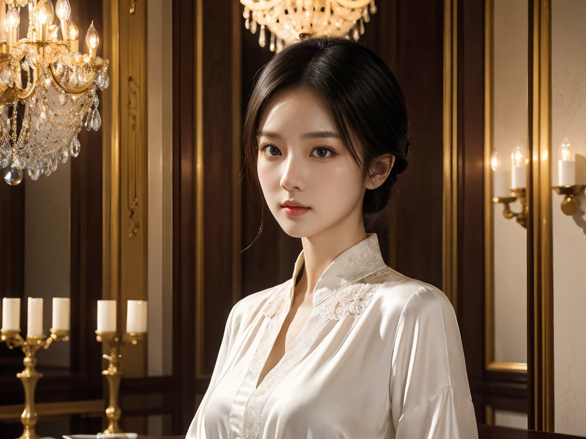 Realistic、 focusing on the upper body 。 smooth black hair up to the shoulders 、 White Skin Like Pottery、Deep intellectual eyes 。 realistic Asian beauty wearing a silk cream blouse 、 against a classic interior with a luxurious chandelier shining in the background。