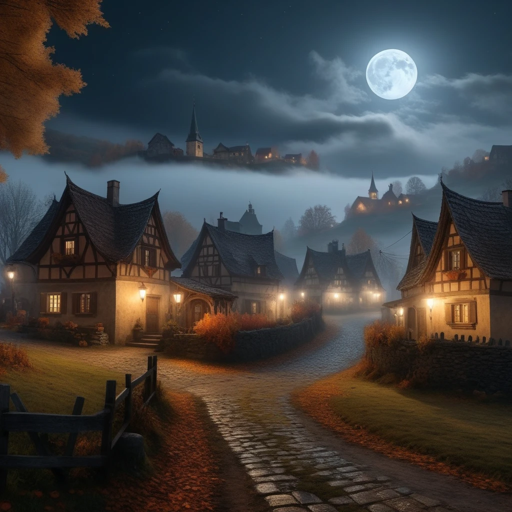 Barovian Village, autumn, [fog, [gloomy, night, full moon, masterpiece,  Details, 【8k, UHD, [Hall