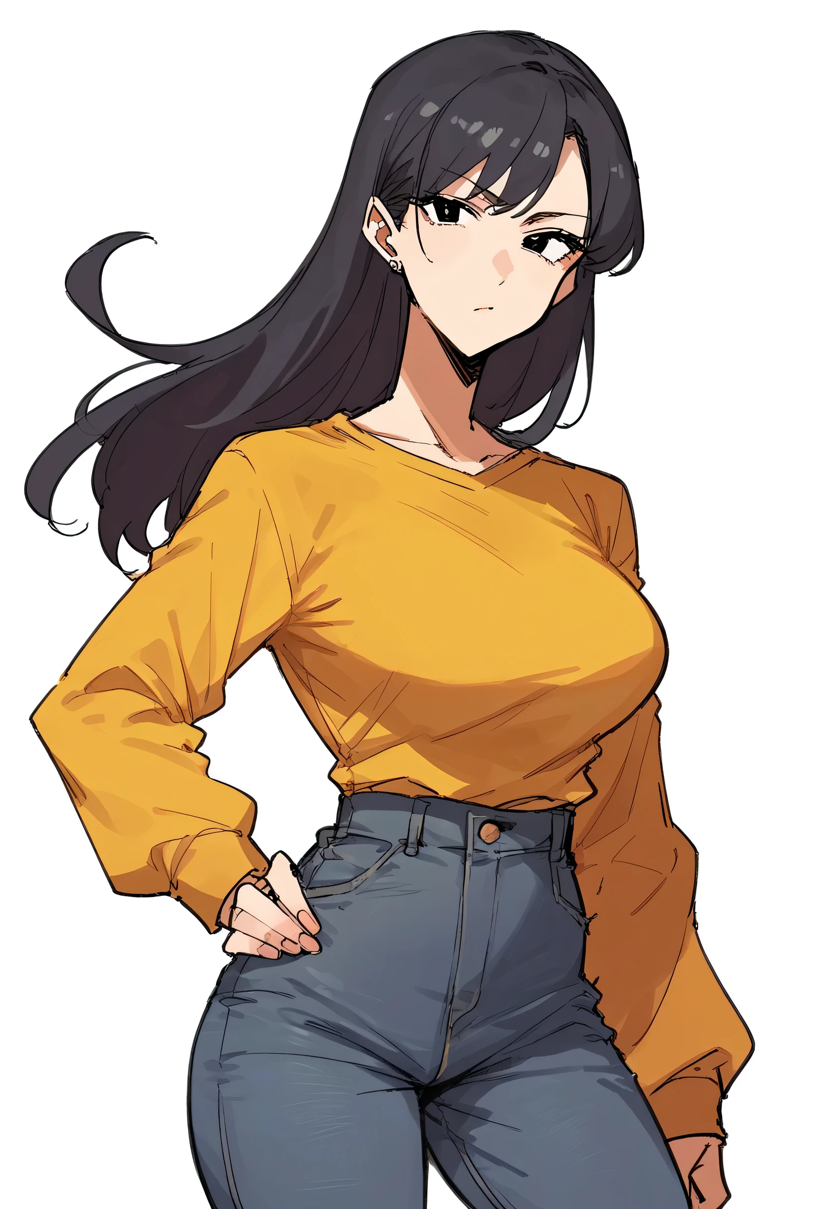 score_9, score_8_up, score_7_up, score_6_up, score_5_up, score_4_up, BREAK source_anime, rating_safe, white background, 1girl, solo, large breasts, black eyes, hand on hip, yellow shirt, cowboy shot, jeans, sketch, 