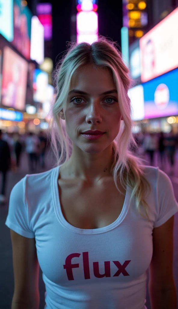 A captivating portrait of kieshipka stands at the heart of Times Square, her figure a beacon of stillness amidst the frenetic energy of New York City. Cleavage, large breasts, The young woman's piercing gaze meets the viewer directly, her expression a mixture of confidence and intrigue. She wears a tightly fitted white t-shirt emblazoned with the word "Flux" in bold, sans-serif letters across her chest, symbolizing the constant change surrounding her. The shirt's fabric catches the kaleidoscope of colors from the dazzling neon signs and towering digital billboards that frame her silhouette. These vibrant displays create a mesmerizing backdrop, their light dancing across her face and hair, casting an otherworldly glow on her features. The composition draws the eye in a circular motion, from her face to the pulsing advertisements and back, mirroring the ceaseless flow of the city. Sharp contrasts between light and shadow accentuate the three-dimensional quality of the scene, with her emerging as a tangible presence amidst the electric dreamscape. The atmosphere is charged with a sense of possibility and urban magic, capturing the essence of a moment frozen in time within the ever-shifting metropolis. Hyperrealistic detail in 8K resolution, cinematic lighting with a touch of cyberpunk aesthetics.