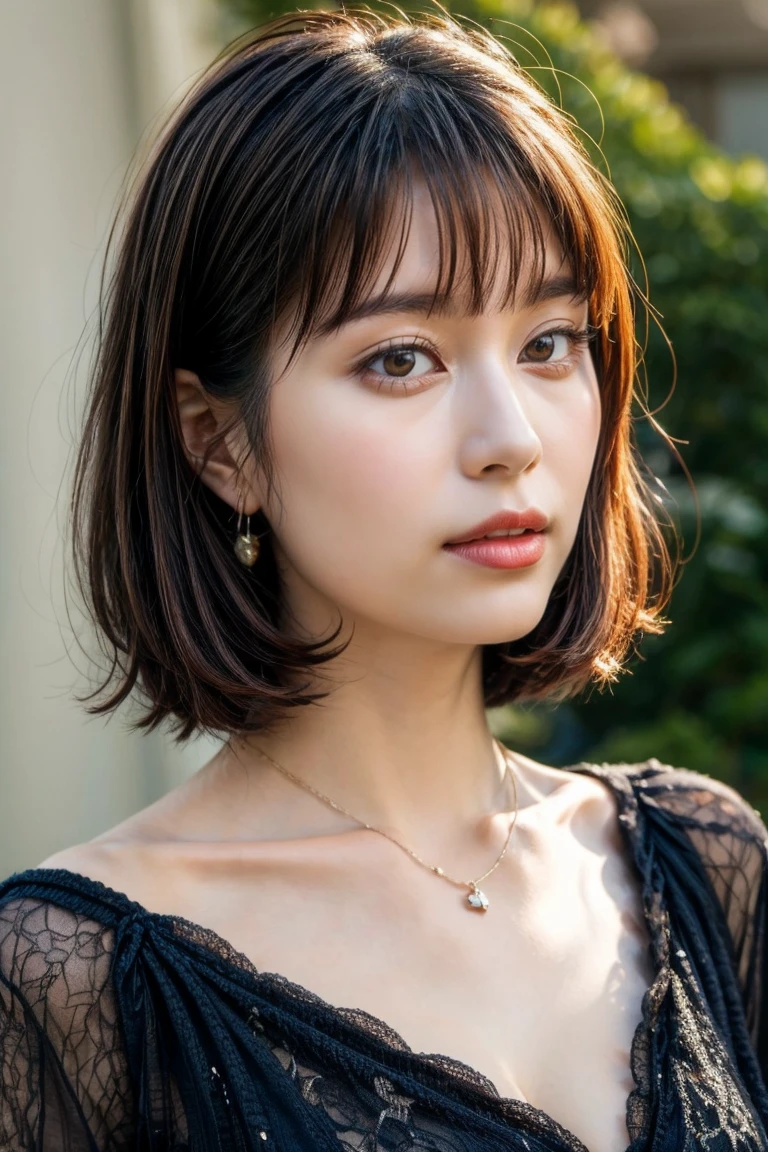 realistic, photo-realistic, best quality, masterpiece, RAW photo, high resolution, intricate details, extremely detailed, sharp details, sharp focus, (portrait, face focus, frontal photography), solo, a Japanese woman, detailed face, detailed eyes, beautiful pupils, sophisticated nose, pale skin, fine-textured skin, necklace, jewelry, collarbone, wearing some clothes, simple background,,,