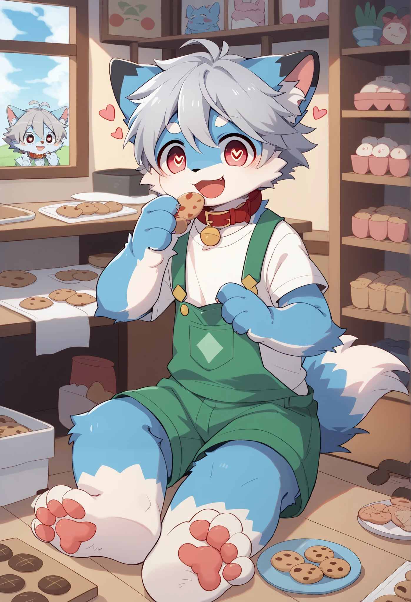  very detailedな, very detailed, Blue Fur Gray Hair ,Brown Hair,,male,骨 を見てExcited,Heart Eyes,participate,Thypnosis,brainwashing,Pets, green white and colored hat, cute face,Sitting！,Connect the collar and leash,,black ears ,Fur for a  boy, fluffy fur like one,Excited,Horny boy,Beautiful room, 's room ,naked,Eat cookies,Smiling face,green overalls,White T-shirt,Alone,Dropped ears, my mental age is  ,Want