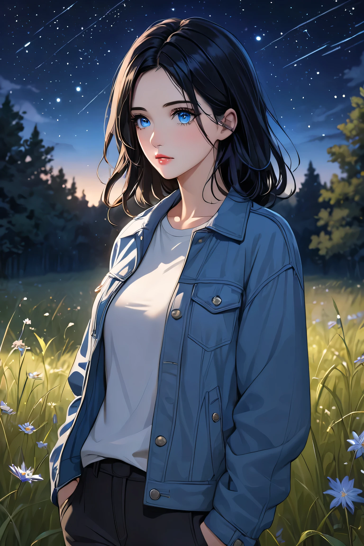 (masterpiece, best quality, 8k, high definition), whole body, 1 woman , shoulder-length black hair, Mid-chest, soft blue Eyes , soft lips , Beautiful face, wearing casual clothes, pants, and a fall jacket, natural light, detailed background, Detailed Illustration Art , standing in a dark meadow at night gazing up at the stars with a wistful expression