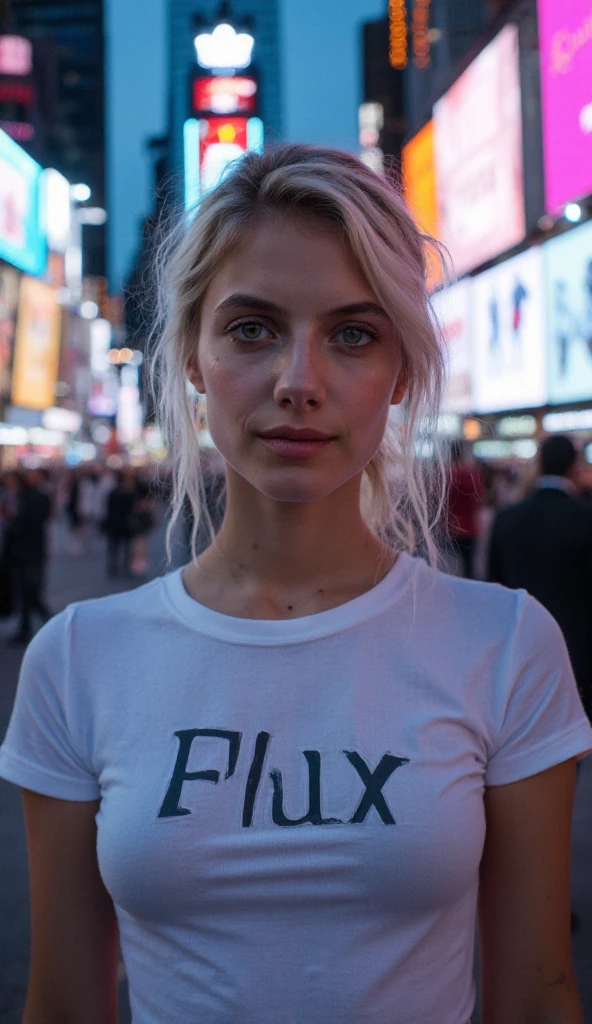 A captivating portrait of kieshipka stands at the heart of Times Square, her figure a beacon of stillness amidst the frenetic energy of New York City. Cleavage, large breasts, The young woman's piercing gaze meets the viewer directly, her expression a mixture of confidence and intrigue. She wears a tightly fitted white t-shirt emblazoned with the word "Flux" in bold, sans-serif letters across her chest, symbolizing the constant change surrounding her. The shirt's fabric catches the kaleidoscope of colors from the dazzling neon signs and towering digital billboards that frame her silhouette. These vibrant displays create a mesmerizing backdrop, their light dancing across her face and hair, casting an otherworldly glow on her features. The composition draws the eye in a circular motion, from her face to the pulsing advertisements and back, mirroring the ceaseless flow of the city. Sharp contrasts between light and shadow accentuate the three-dimensional quality of the scene, with her emerging as a tangible presence amidst the electric dreamscape. The atmosphere is charged with a sense of possibility and urban magic, capturing the essence of a moment frozen in time within the ever-shifting metropolis. Hyperrealistic detail in 8K resolution, cinematic lighting with a touch of cyberpunk aesthetics.