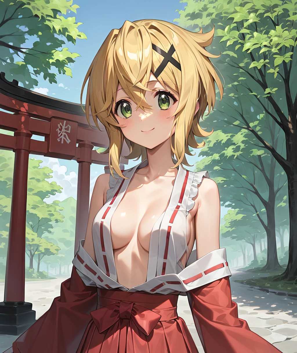 akatsuki_fever_senkizesshousymphogear，Blonde_hair, short_hair, green_eyes, shiny_hair, hair_ ornament , shiny, x_hair_ ornament , breasts, medium_breasts, hair_between_eyes,  jyojifuku, miko,red hakama,smile,torii,shrine