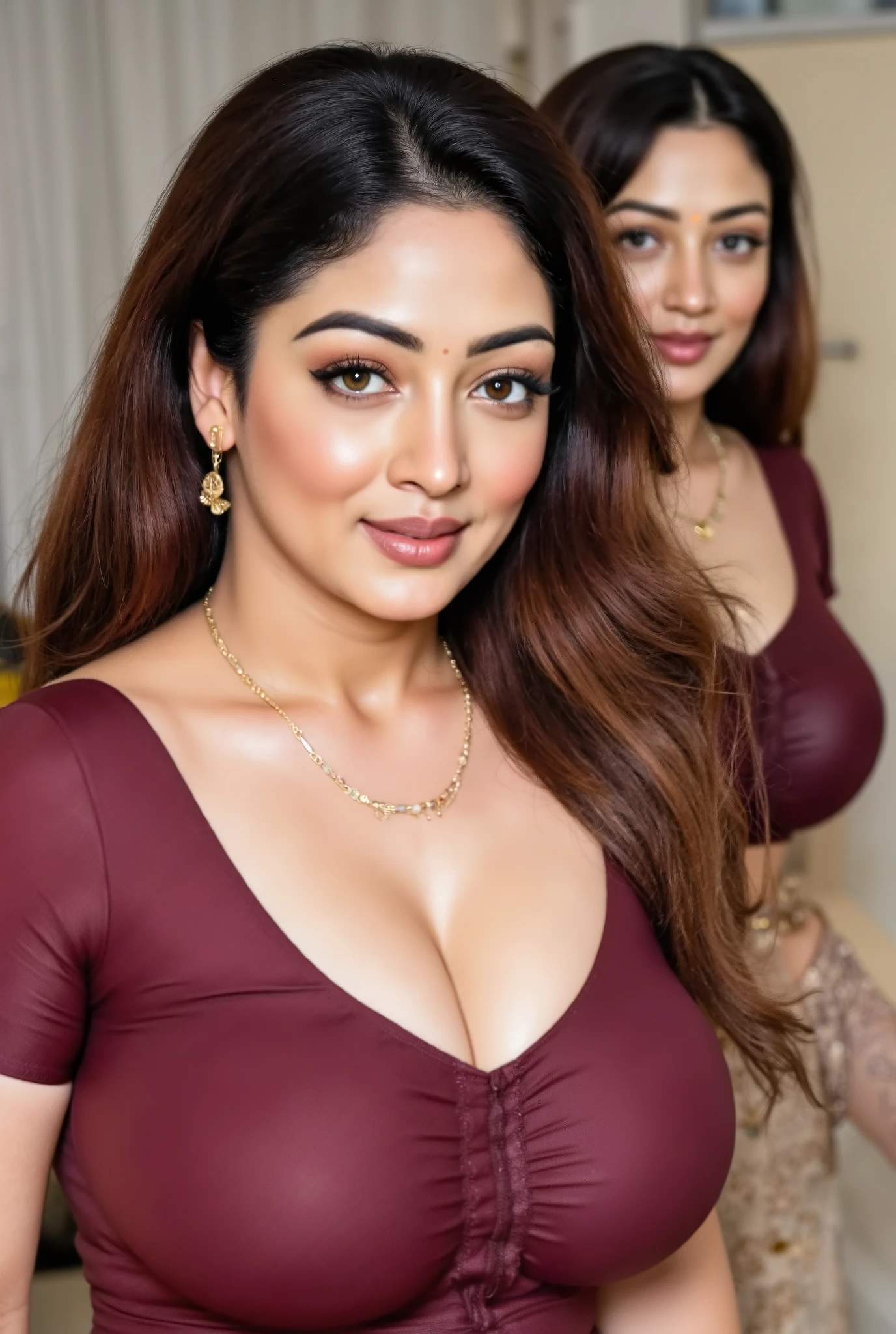 South indian woman, standing in front of mirror, sexy blouse, perky breasts, fit and curvy body, sleeveless blouse, plaiting her hair in front of big mirror, scrunchie, bangles in hand, small bindi in forehead, red lipstick, 4k , intricate details,full length view, looking at viewer, another woman standing behind with hand on her shoulder smiling,