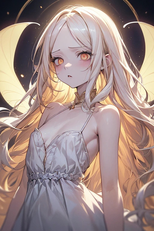 Highest quality, (Background details), High Contrast, Very beautiful , Detailed original illustrations,Very small stature、Villain。Fairy, Wavy platinum blonde hair、 Delicate face, Naughty kid、White sundress、Real breasts, Flat Chest、Crazy Smile, Crazy Eyes, Black background, (Black background: 1. 5), Beautiful line art, Monochrome