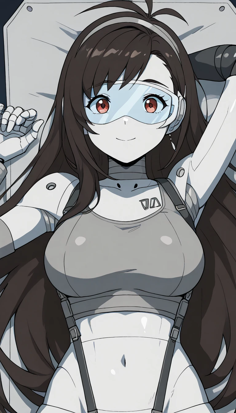 masterpiece, best quality, extremely detailed, (8K, 4K, Best Quality, hight resolution, 超A high resolution:1.1), ,8k portrait, Japaese android Girl,Plump , dark black leg cover,announcer,control panels,android,Droid,Mechanical Hand, Robot arms and legs, Black Robot Parts,Black long hair,Mechanical body,Blunt bangs,perfect mechanical abdomen,White robotics parts,perfect robot woman,future laboratory,cyber pank,charging spot,laboratory,long tube,thick cable connected her neck,white ceramic body ,perfect mechanical body, white robot body,lod antenna,mechanical ear cover,android,robot humanoid,black sponge joints,The removable cover is in the groin,The connection port is in the groin,opened chest panel,access panel on the chest,opened breast panel,perfect mechanical breast,perfect black machine body,perfect black android body,She has repaired,assembly plant,no human skin,visor,mistyrobot,tifa lockhart(final fantasy),smile,spread arm,robot joint,doll joint,robotization,lying